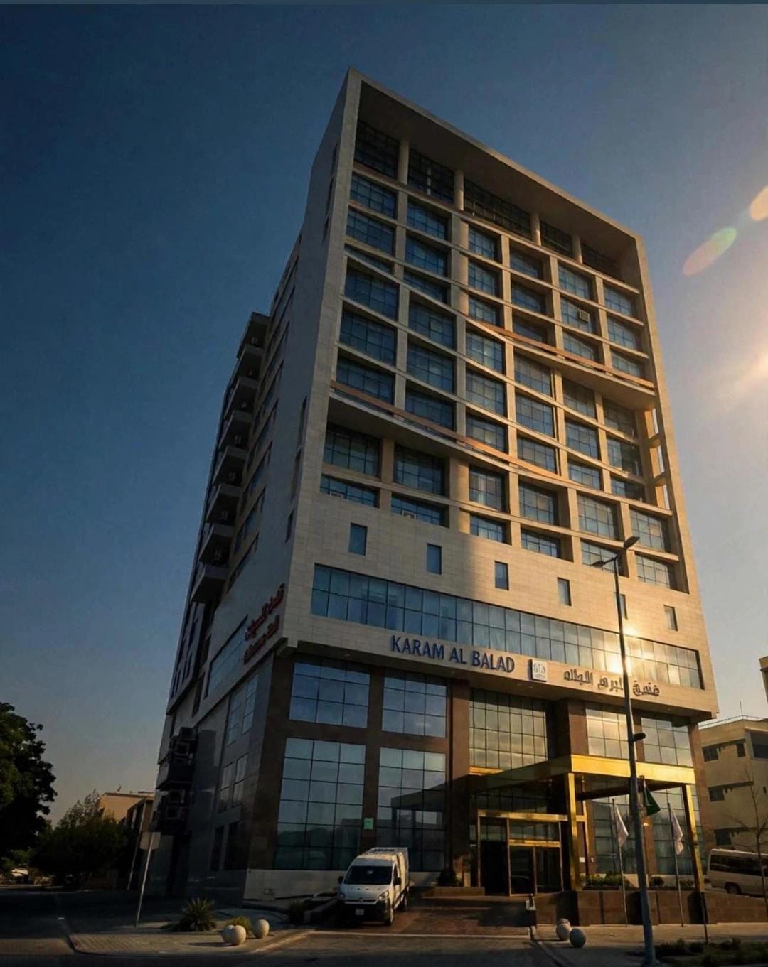 Hotel exterior in warm sunlight